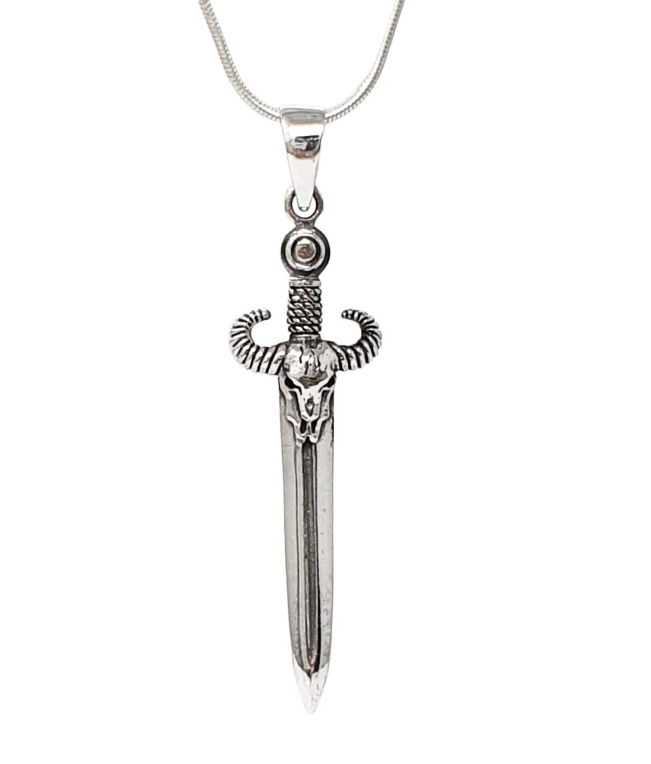 TreasureBay 925 Silver Unique Viking Bull Skull and Sword Pendant on Chain for Men