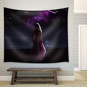 Woman Standing in Dress at Night Watching Shooting Stars. - Fabric Wall Tapestry Home Decor - 51x60 inches
