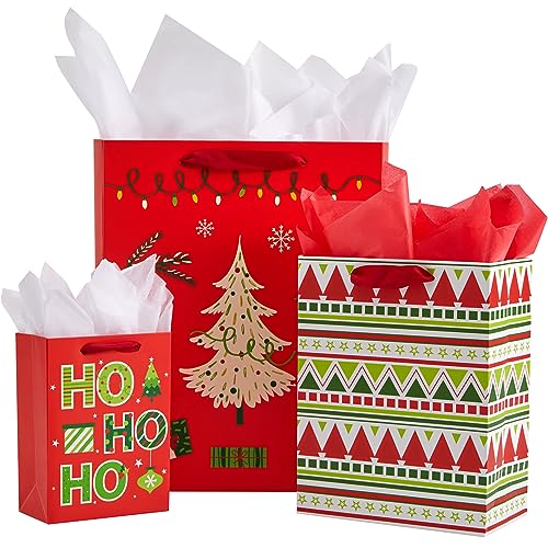 SUNCOLOR Christmas Gift Bags Assorted Sizes with Tissue Paper, 9 Pack, Red Holiday Theme Bags, Large 13x10.2, Medium 9x7, Small 6.3x4.7 inches