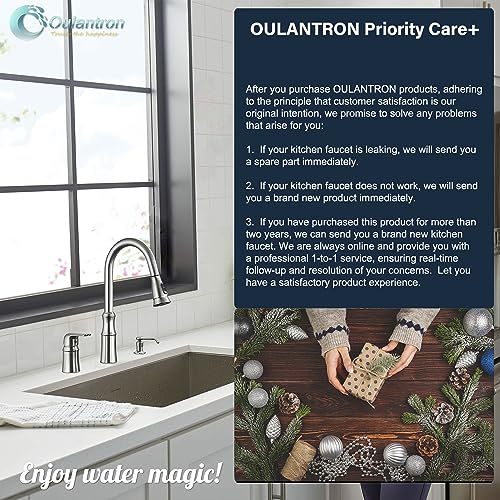 Oulantron 3 Hole Kitchen Faucet with Pull Down Sprayer Kitchen Faucet with Soap Dispenser, High Arc Pull Out Kitchen Sink Faucet Brushed Nickel Commercial Kitchen Faucets