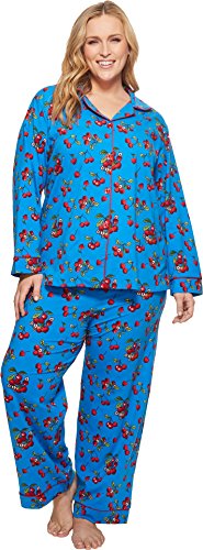 BedHead Women's Plus Size Long Sleeve Classic Two-Piece Pajama Set Teal Cherries In Bloom 1X
