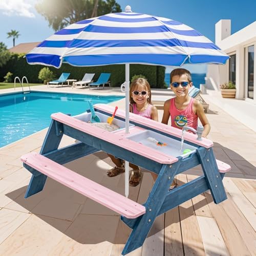 Kids 3 en 1 - Mesa de picnic convertible para exteriores con paraguas, 2 cajas de juego, parte superior desmontable, mesa de grifo para exteriores (rosa/azul marino)