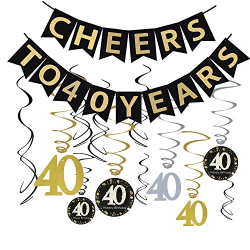 40th Birthday Party Decorations KIT - Cheers to 40 Years Banner, Sparkling Celebration 40 Hanging Swirls,Gold Foil Fringe Curtain, Perfect 40 Years Old Party Supplies 40th Anniversary Decorations