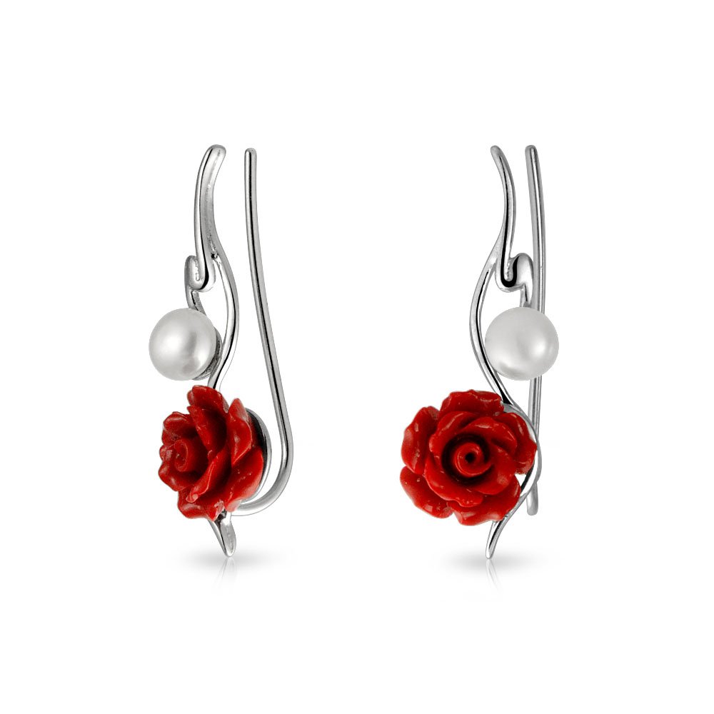 Trendy 3D Red Rose Flower White Freshwater Cultured Pearl Wire Ear Pin Climbers Crawlers Earrings For Women .925 Sterling Silver — image 1