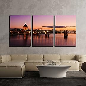 3 Piece Canvas Wall Art - Purple Sunset at Toulouse City - Modern Home Art Stretched and Framed Ready to Hang - 16"x24"x3 Panels