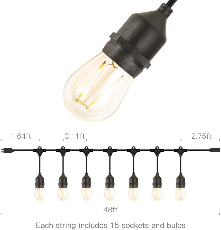 Amico 2 Pack 48FT LED Outdoor String Lights with 2W Dimmable Edison Vintage Plastic Bulbs, Commercial Great Weatherproof Strand, UL Listed Heavy-Duty, Decorative Patio Cafe Market Porch Lights - - 
