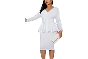 SEBOWEL Women Ruffle Peplum Bodycon Midi Dress Pencil Business Office Work Dress Elegant Wrap V Neck Club Evening Party Dress