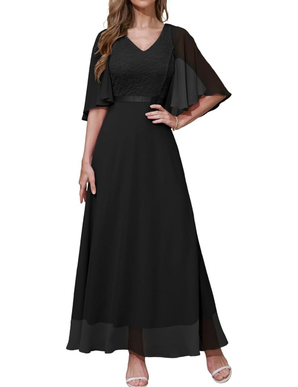 Photo 1 of DRESSTELLS Black Formal Dresses for Wedding Guest, 2025 Fall Mother of Bride Evening Gown Chiffon Sleeve A-line Prom Party Church Funeral Long Bridesmaid Dress 3XL