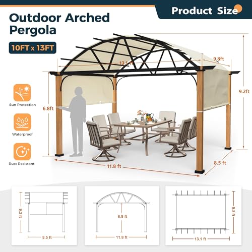 HAPPATIO 10' X 13' Outdoor Pergola with Sling Retractable Canopy, Wood-Like Aluminum Patio Pergola Shade for Patio, Backyard, Garden,Poolside image 26