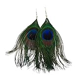 niceEshop Women Fashion Boho Style Rhinestone Long Natural Peacock Feather Drop Earrings (Blue)