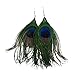niceEshop Women Fashion Boho Style Rhinestone Long Natural Peacock Feather Drop Earrings (Blue)