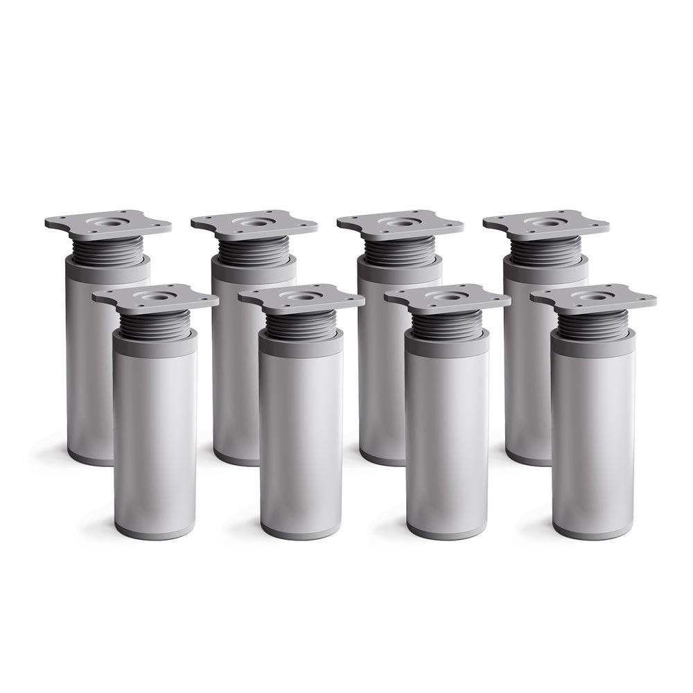 sossai® MFR1 Designer Furniture Feet Height Adjustable Set of 8 Round Profile Diameter 40 mm Colour: Aluminium Height: 120 mm (+20 mm) Material: Aluminium Wood Screws Included