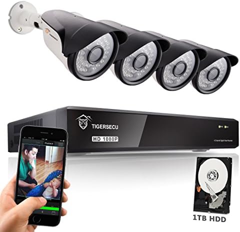TIGERSECU 1080P 4-Channel Video Security DVR System, 1TB Hard Drive - Four 2.0mp Weatherproof Outdoor Bullet Cameras, 100ft Night Vision (White)