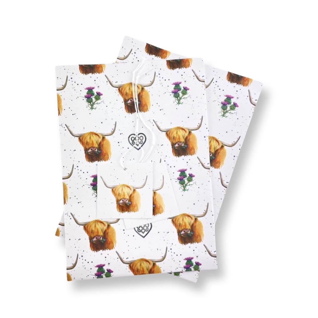 Scottish Highland Cow and Celtic heart 100% recycled and recyclable eco printed gift wrapping paper - 2 sheets and tags