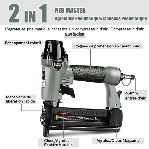 NEU MASTER 2 in 1 Multifunctional Pneumatic Nailer/Stapler with 800 Nails, 200 Staples, Carrying Case, Potection Glasses, Empty Plastic Bottles and 2 Allen Keys