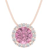 Clara Pucci 1.16 cttw Pink Simulated Diamond Rose Gold-Plated Silver Necklace and Pendant for Women (16" Box Chain,Round Cut,6.5mm)