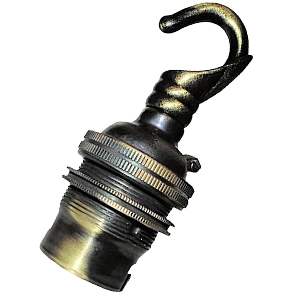 1 Pack Traditional Earthed Solid Brass Lampholder with Shade Retaining Ring and Metal Deco Styled Hook in a Brushed Antique Finish - no lacquer | B22 | B22D | Bayonet Cap