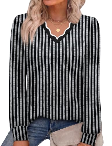 OFEEFAN Striped Long Sleeve Shirts for Women Fall Fashion Tops Print 3 S at Amazon