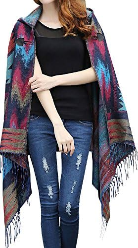 MASKAZU Women's Boho Tribal Tassel Geometric Print Cape Scarf blue