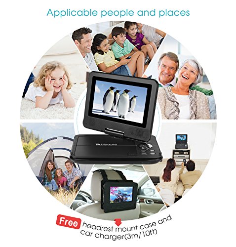 NAVISKAUTO-7-Inch-HD-Portable-DVDCDMP3-Player-USBSD-Card-Reader-with-4-5-Hour-Built-In-Rechargeable-Battery-270-Swivel-Screen-3m-ACDC-Adapter-and-Customized-Car-Headrest-Mount-Case-Black