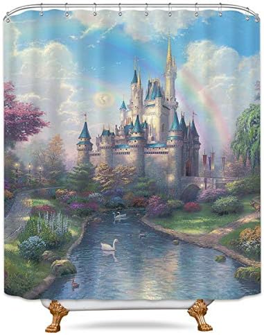 LIGHTINHOME Cinderella Castle Rainbow Kids Shower Curtain Forest Princess Lake White Swan Decor Fabric Panel Polyester Waterproof 72x84 Inch with 12-Pack Plastic Shower Hooks for Bathroom