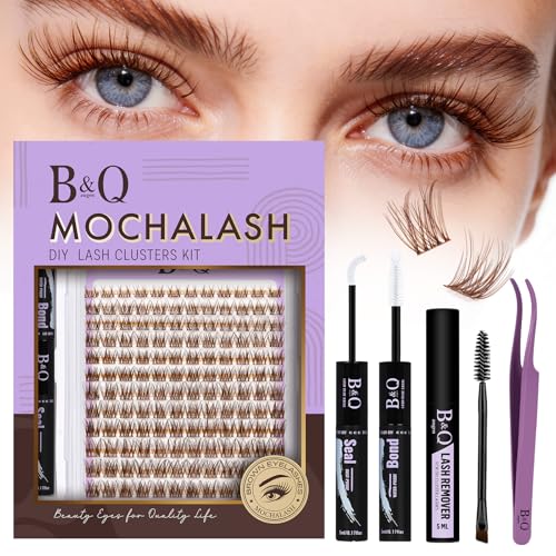 B&Q Pestañas Postizas Kit Completo Marrones Mochalash 01 Extensiones de Pestañas de Racimo Curvatura C de 8-16 mm b&q lashes Completo con Efecto Wispy para Pelo Claro/Oscuro (Set Mochalash 01)