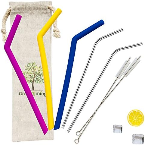 April Travel Slicone Bendy Straw, 3 Soft Smoothies Straws + 2 Reusable Metal Straws, 10.5 inch straws with 2 cleaning brush, Beverage straws with pouch Blue Yellow Purple straw