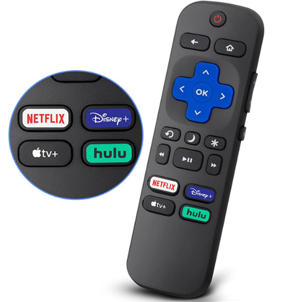 Photo 1 of New Roku TV Remote Control for TCL/Hisense/Onn/Sharp Roku TVs - 4 Shortcut Buttons for Netflix/Disney/Hulu/Apple TV (2 Batteries)