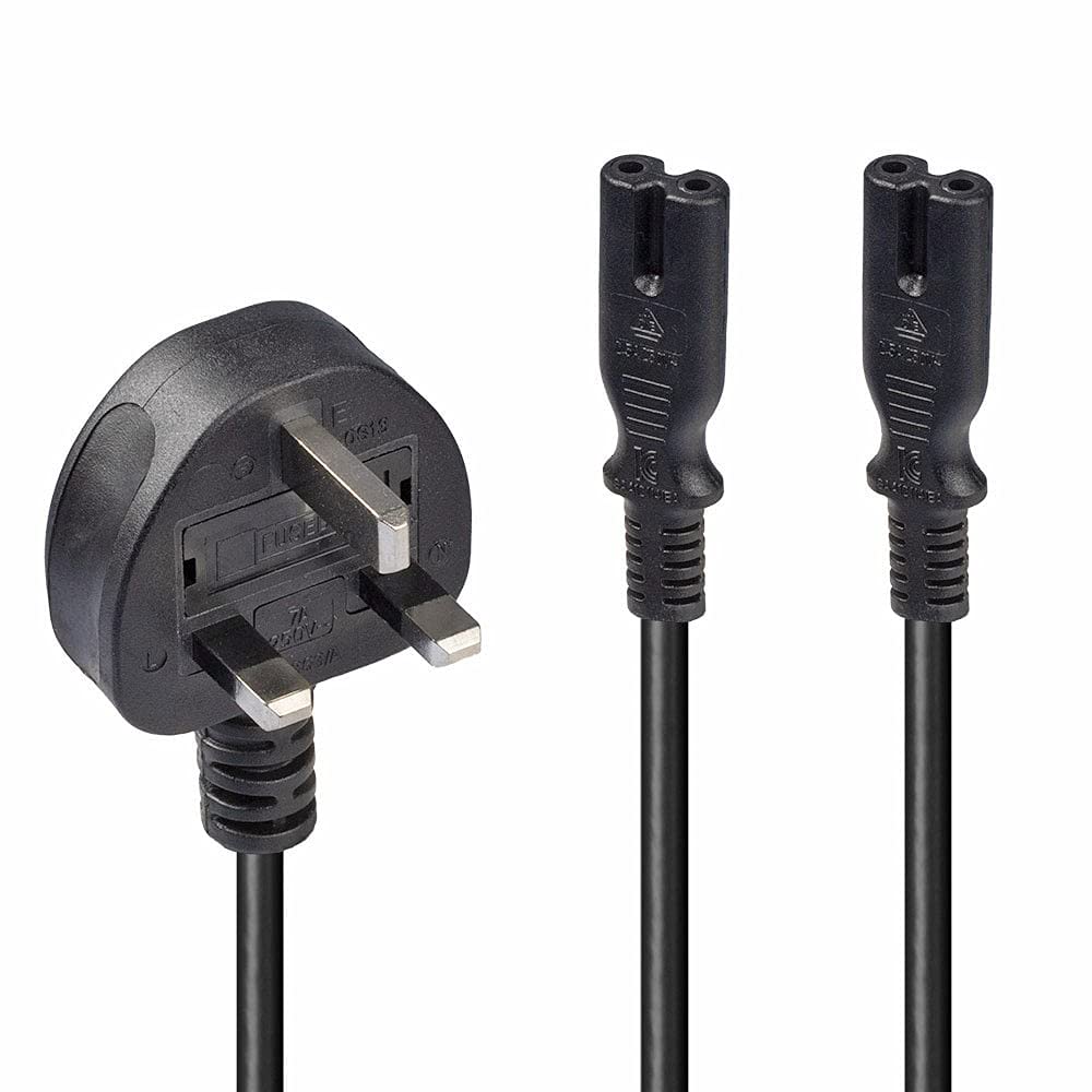 LINDY 2.5m UK Mains 3 Pin Plug to 2 x IEC C7 Splitter Power Cable/Figure 8 Lead, Black