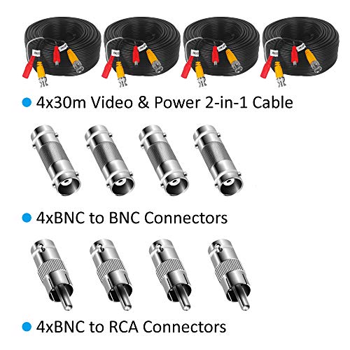 Jennov 4-Pack 100ft BNC Video Power Cables Wire Cord for Surveillance CCTV Security DVR Camera System with Connectors(Included 2X BNC to RCA connectors with Each Cable)