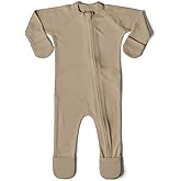 Goumikids Convertible Baby Footie Pajamas, 2-Way Zipper and Mitten Cuffs, Organic Cotton, Sandstone