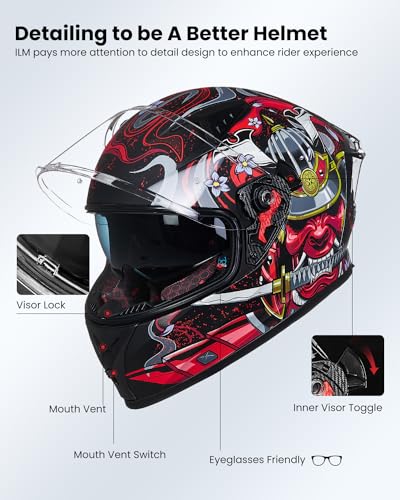 ILM Full Face Motorcycle Helmet for Men and Women – Motorcycle Helmet with 2 Visors Compatible with Pinlock Transparent and Coloured – Motocross Street Bike Helmet ECE Model Z501, Armor Red, M