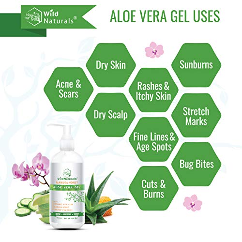 Wild Naturals Organic Aloe Vera - 100% Pure Leaf Gel - Hydrating After Sun Care, Moisturizing for Face, Body, Skin & Hair - Sun Burn, Acne, and Dry Damaged Skin - With Manuka Honey & Plant Stem Cells