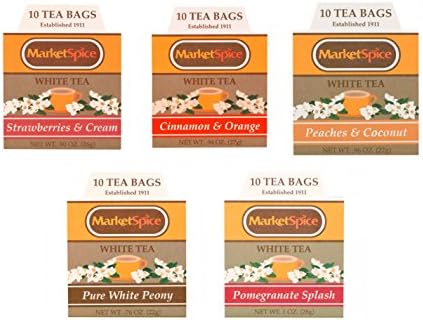 Market Spice White tea sampler set, Unsweetened Variety tea pack of 50 Tea Bags, Assortment of 10 Each Cinnamon Orange, Strawberry &amp; Cream, Peaches &amp; Cream, Pomegranate splash, Pure White Peony