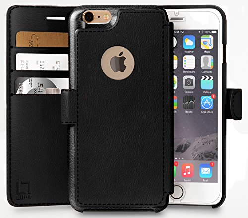 LUPA iPhone 6S Plus Wallet case, iPhone 6 Plus Wallet Case, Durable and Slim, Lightweight with Classic Design & Ultra-Strong Magnetic Closure, Faux Leather, Black, for Apple iPhone 6s Plus/6 Plus