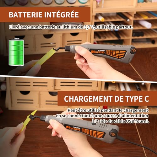 Bucasso Cordless Sander Pen, Variable Speed & USB Charging with LED Light, Multi-purpose Power Tool for Sanding, Polishing, Finishing and DIY (GRIS)