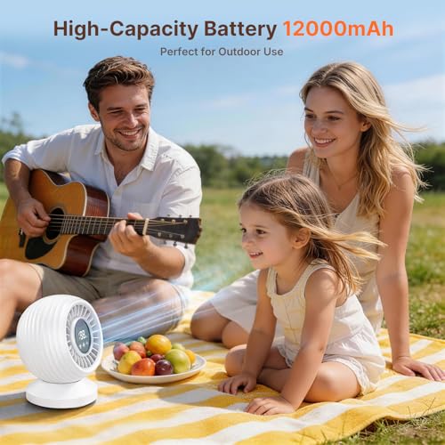 Orvyna Quiet Table Fan 22dB, Turbo Fan with 3D Air Circulation, 12000mAh Rechargeable, 120° Oscillation, 8 Speed, Desk Fan for Office, Bedroom, White