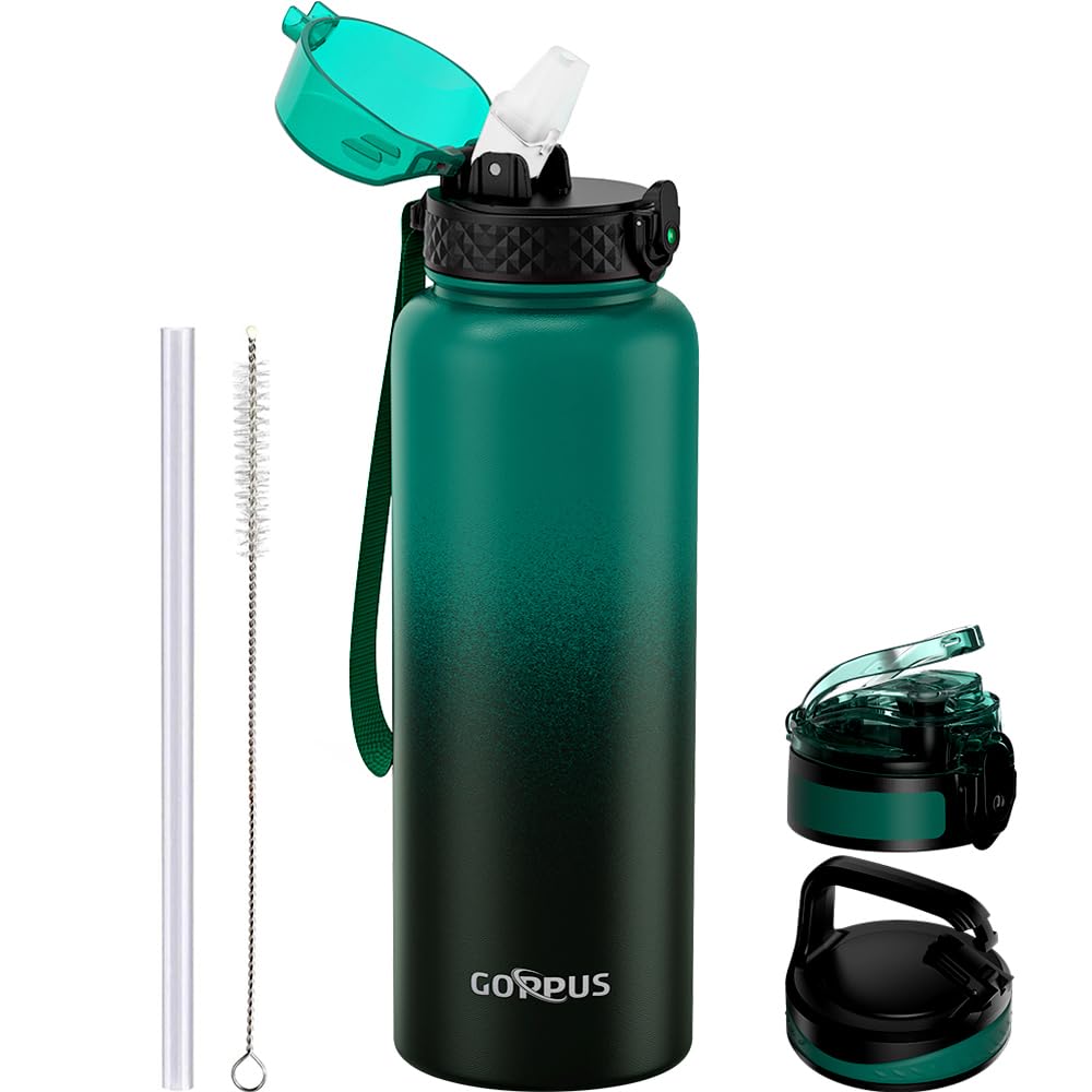GOPPUS 1.2L/40oz Stainless Water Bottle with Straw Double Wall Insulated Bottles with Strap Large Vacuum Thermal Flask Leakproof Keep Cold Drinks Bottles with Flip Top Lid for Men Women BPA Free