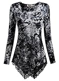 DJT Women's Long Sleeve Boat Neck Lace Hem Hankerchief Tunic Shirts Medium Tie Dye_Black