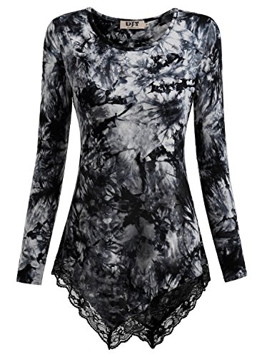 DJT Women's Long Sleeve Boat Neck Lace Hem Hankerchief Tunic Shirts Medium Tie Dye_Black
