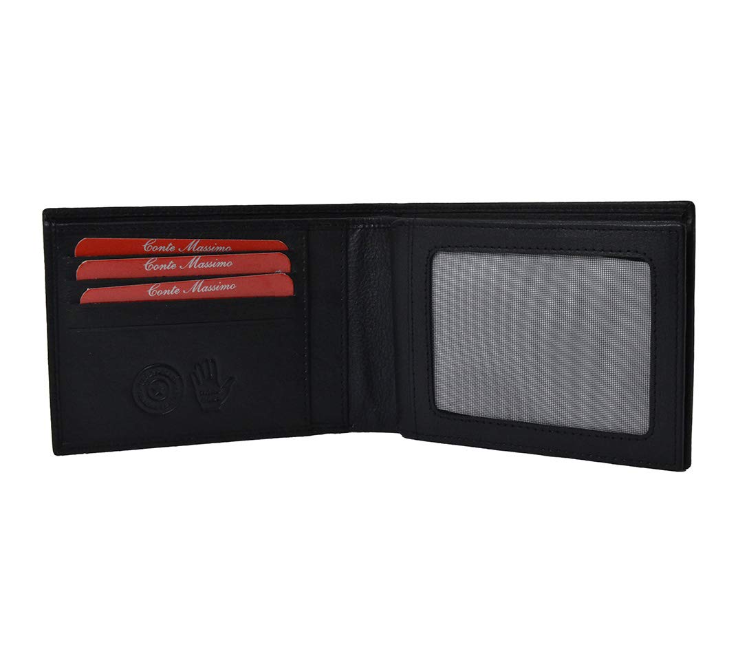 Conte Massimo Men's Leather Wallet RFID Blocking Coin Pocket ID Window Black