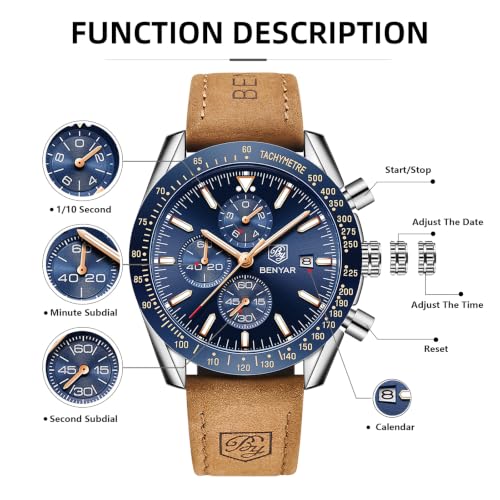 BENYAR Montre Homme Etanche Analogique Quartz Chronographe Lumineuses Date Grand Cadran Classique Mode Affaires Montres Cadeau élégant pour Hommes