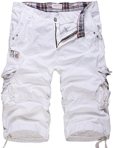 Men's Relaxed Fit Solid Long Cargo Shorts Capri Pants (no belt)(White,34)