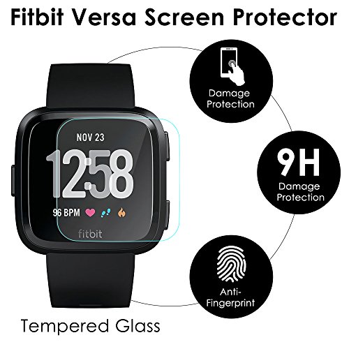 EZCO Fitbit Versa Screen Protector (4-Pack), Waterproof Tempered Glass Screen Protector Cover Saver for Fitbit Versa Smart Watch Scratch Resist 99.9% Clear HD Anti-Bubble Protective Film