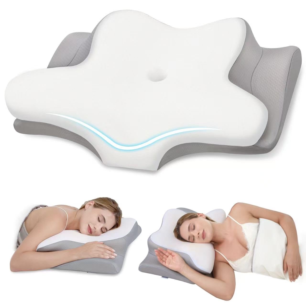 Photo 1 of Cervical Neck Pillow, Memory Foam Pillows for Neck and Shoulder Pain Relief, 2 Heights Ergonomic Pillow with Breathable Ice Silk Cover, Neck Support Pillow for Side Back Stomach Sleepers, Odorless