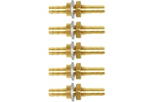 Joywayus 1/4" Hose Barb Thru-Bulk Head Hex Union Brass Fitting with Flat Washer Gasket Water/Fuel/Air (Pack of 5)