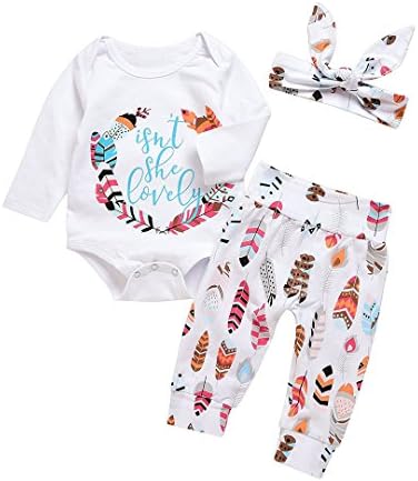Unmega Baby Boy Girl 3Pcs Pants Set Isn't She Lovely Outfit Long Sleeve Romper+Floral Leggings+Headband