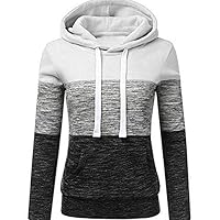 jinshiband Women Sweatshirt Patchwork Long Sleeve Hooded Pullover with Front Pocket White