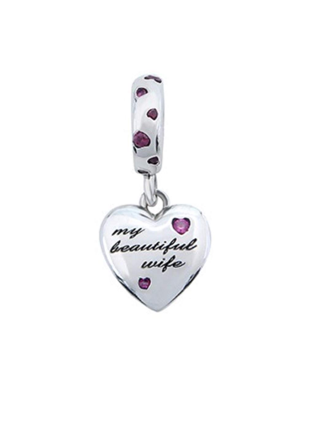 FeatherWish My Beautiful Wife Love Heart Forever Dangle Charms Sterling Silver 925 Fits And Compatible With Pandora Bracelets Gift For Birthday Wife Fiance Mum Sister Daughter (Beautiful Wife Silver)