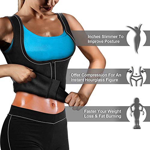 Women Waist Trainer Corset Neoprene Sweat Sauna Vest with Zipper for Weight Loss Tummy Control Fat Burning Slim Body Shaper (#2 Black Hot Vest (with Silvery Reflective Stripe), M (US 10))